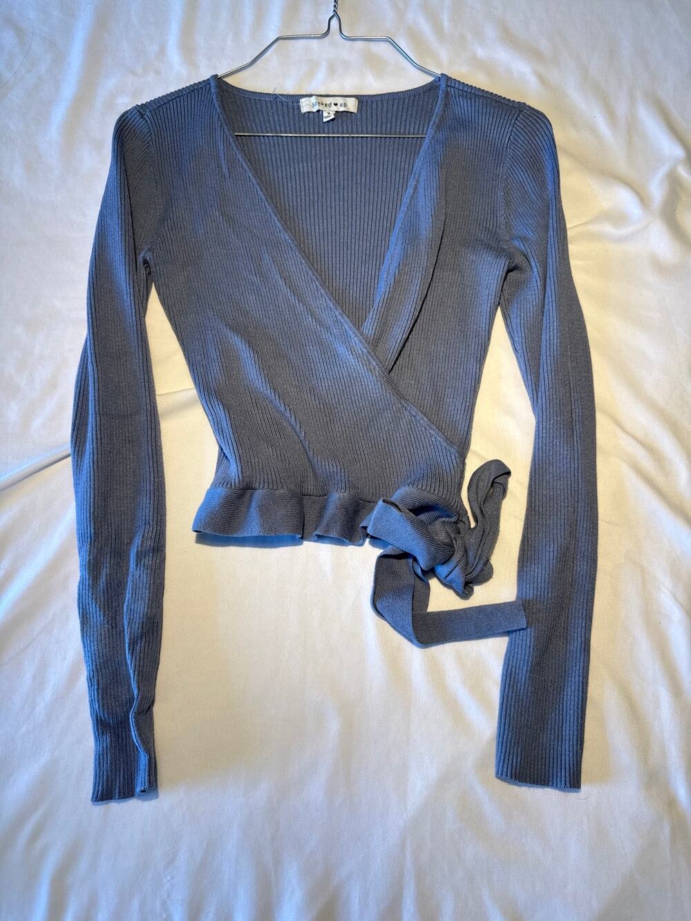 Hooked Up Womens Small Blue Ribbed Wrap Sweater Top Tie Waist  Y2K